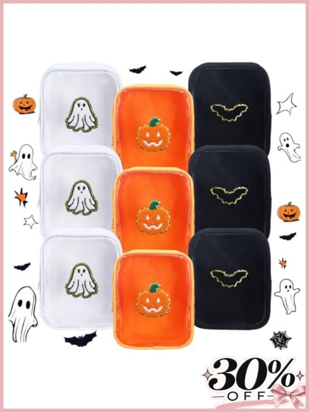 Halloween Makeup Bag Set with Chenille Patches, Waterproof Nylon & PVC